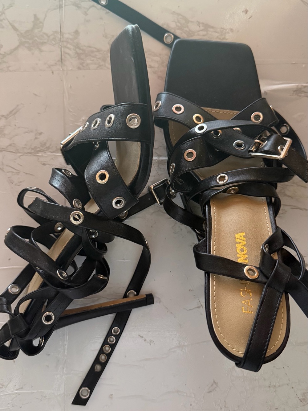 Faux Leather Black Grommet Wrap-Heel Sandals
